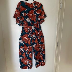 Bold Teal and Orange Floral Pattern Jumpsuit Size L